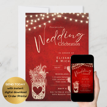 Ruby Red Rustic Mason Jar Wedding Digital Print Invitation by invitationz at Zazzle