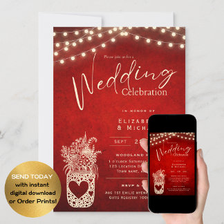 Ruby Red Rustic Mason Jar Wedding DIGITAL Print Invitation