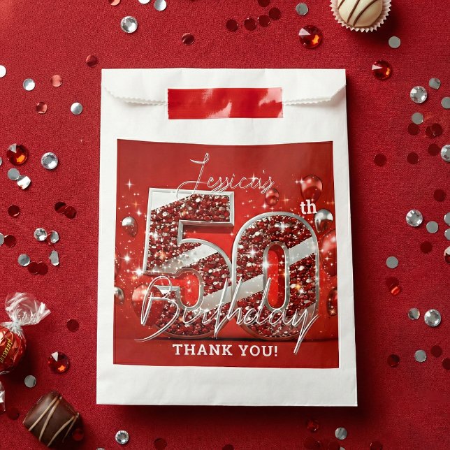 Ruby Red Silver Glitter Balloons 50th Birthday Favor Bag (Creator Uploaded)