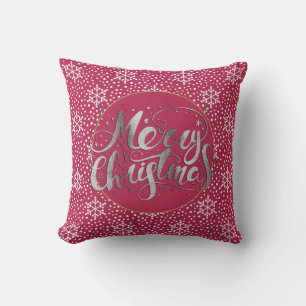 Ruby Red Silver Merry Christmas White Snowflakes Throw Pillow