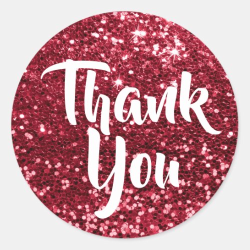 Ruby Red Sparkly Faux Glitter Thank You Classic Round Sticker