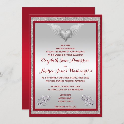 Ruby Red Sparkly Rings  Feather Heart Wedding Invitation