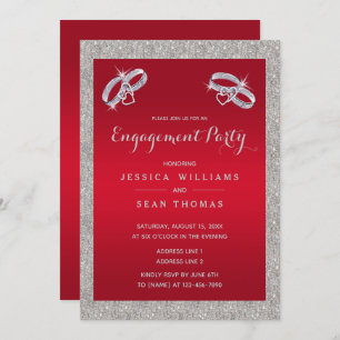 Ruby Red, Sparkly Silver Rings Engagement Party Invitation