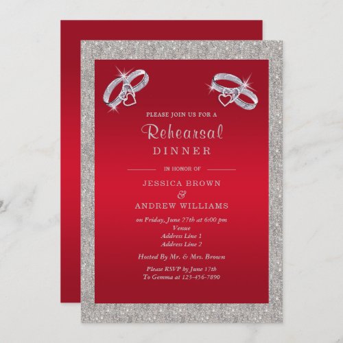 Ruby Red Sparkly Silver Rings Rehearsal Dinner Invitation