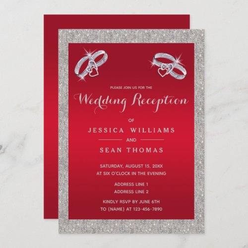 Ruby Red Sparkly Silver Rings Wedding Reception Invitation