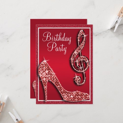 Ruby Red Stiletto  Treble Clef Birthday Invitation