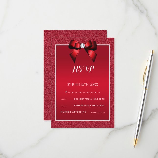 Ruby Red & Stylish Gem Wedding RSVP Card (Front/Back In Situ)