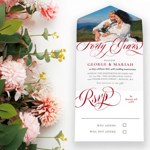 Ruby Red Swirls Photo 40th Wedding Anniversary All In One Invitation