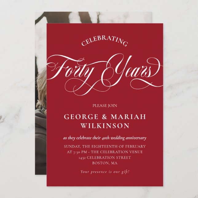 Ruby Red Swirly Calligraphy 40th Weddi Anniversary Invitation (Front/Back)