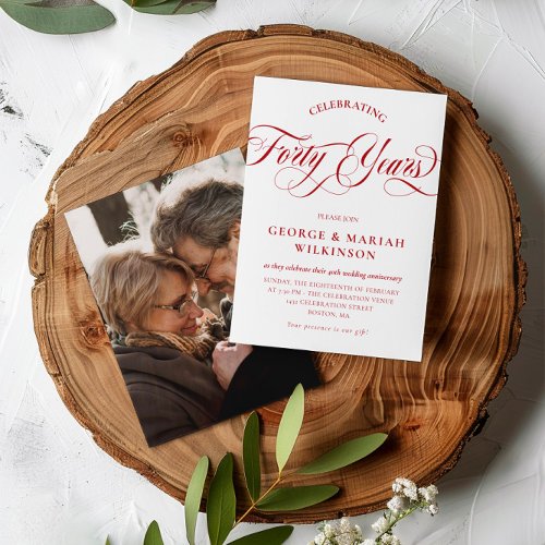 Ruby Red Swirly Script 40th Wedding Anniversary Invitation