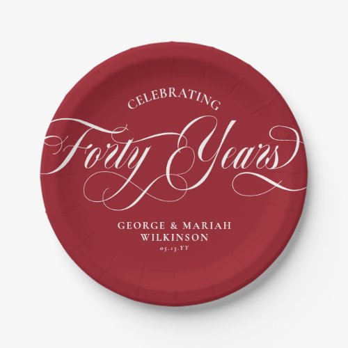  Ruby Red Swirly Script 40th Wedding Anniversary Paper Plates