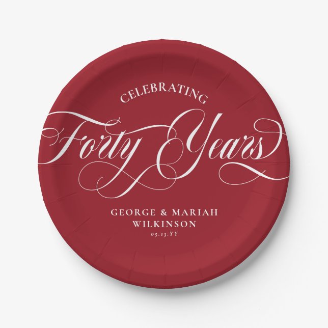  Ruby Red Swirly Script 40th Wedding Anniversary Paper Plates (Front)