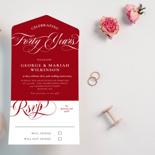 Ruby Red White 40th Wedding Anniversary All In One Invitation (Creator Uploaded)