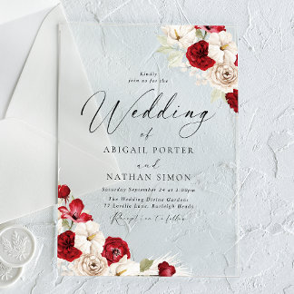 Ruby Red & White Floral Watercolor Wedding Acrylic Invitations
