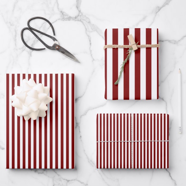Ruby Red & White Stripes Wrapping Paper Sheets (Front)