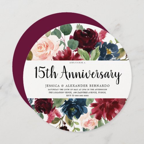 Ruby Red Wine Flowers 15th Wedding Anniversary Invitation