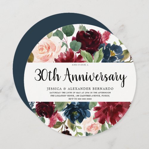 Ruby Red Wine Flowers 30th Wedding Anniversary Invitation