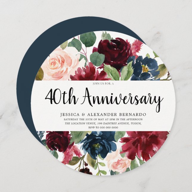 Ruby Red Wine Flowers 40th Wedding Anniversary Invitation (Front/Back)