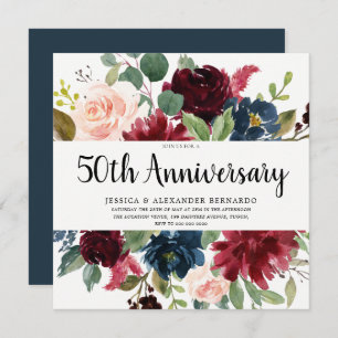 Ruby Red Wine Flowers 50th Wedding Anniversary Invitation