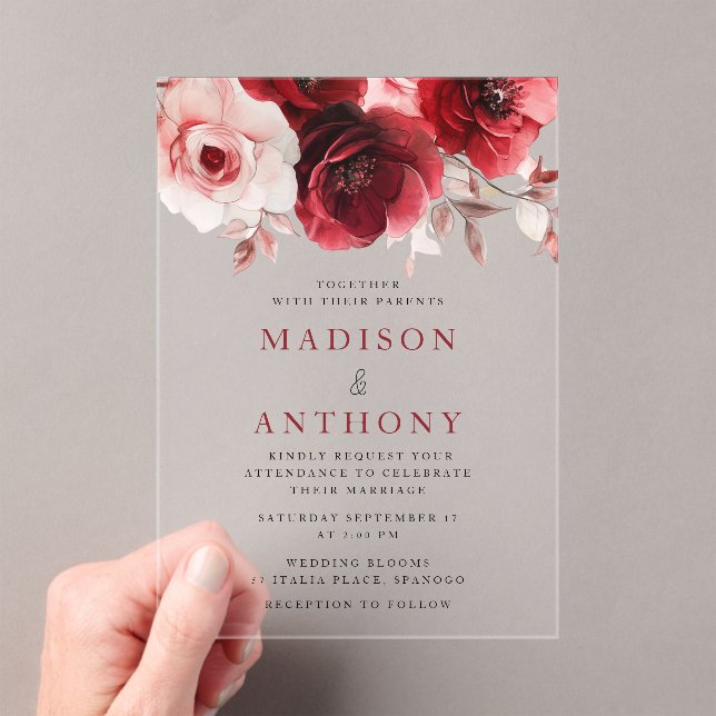 Ruby Red Wine Luxe Radiant Floral Wedding Acrylic Invitations (Insitu (Handheld))