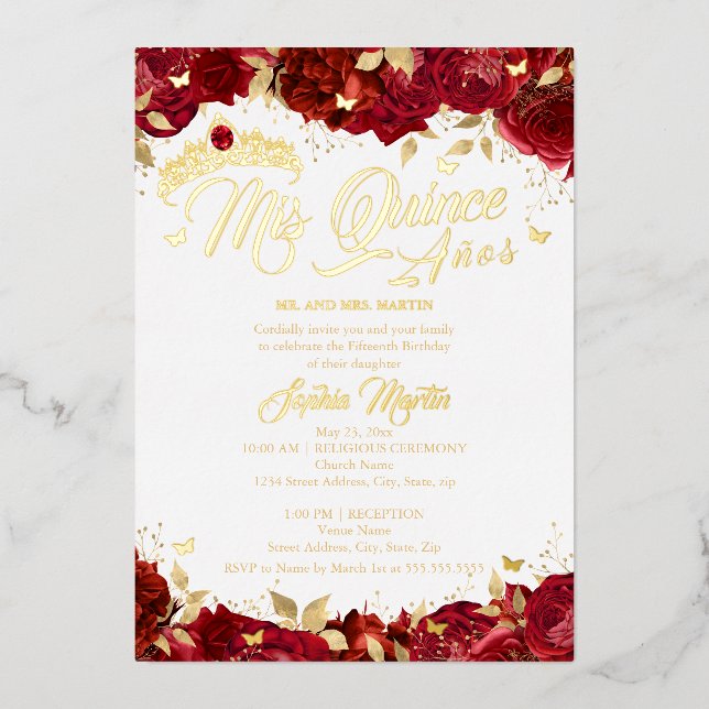 Ruby Rose Red Mis Quince Gold Quinceanera  Foil Invitation (Front)