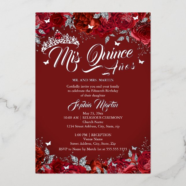 Ruby Rose Red Silver Mis Quince Quinceanera  Foil Invitation (Front)