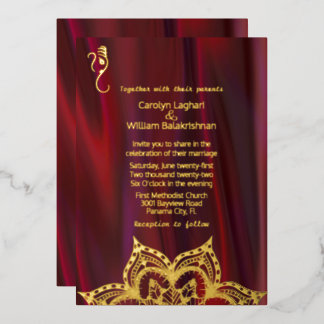 Ruby Silk Look with Mandala and Ganesha Wedding  Foil Invitation