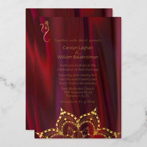 Ruby Silk Look with Mandala and Ganesha Wedding  Foil Invitation