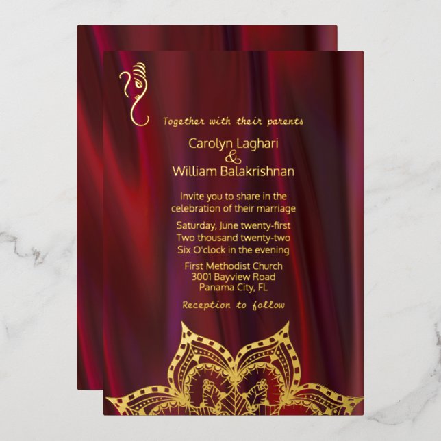 Ruby Silk Look with Mandala and Ganesha Wedding  Foil Invitation (Front/Back)