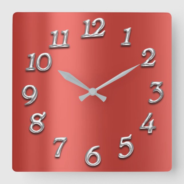 Ruby Silk Red Metallic Arabic Numbers Silver Gray Square Wall Clock (Front)