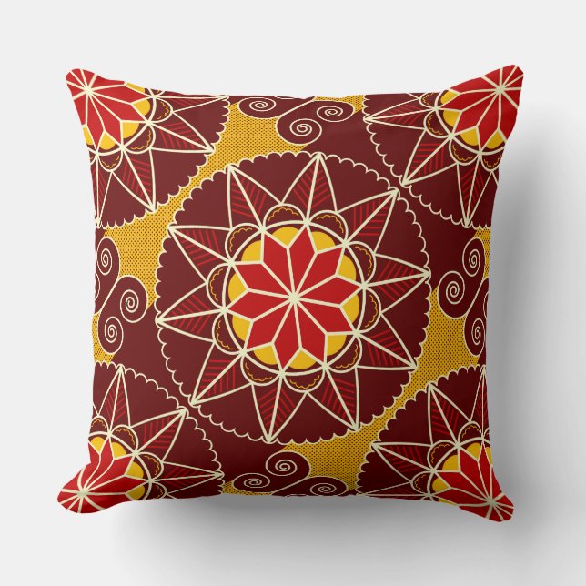 Ruby Starburst Folk Flower Throw Pillow (Front)