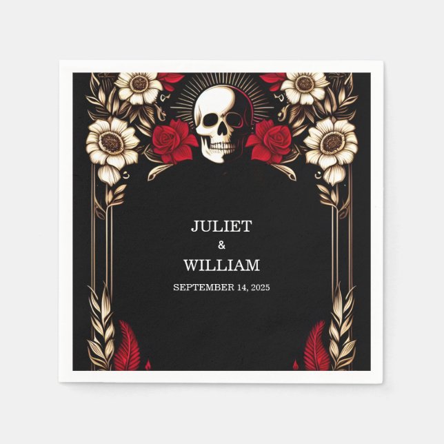 Ruby Thick Claret White Heart Red Black Wedding Napkins (Front)