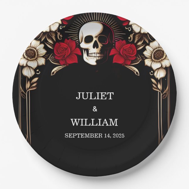 Ruby Thick Claret White Heart Red Black Wedding Paper Plates (Front)