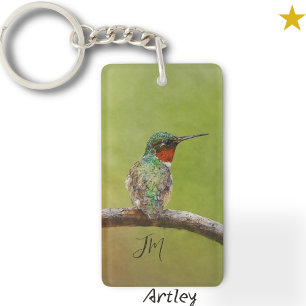 Ruby-Throated Hummingbird Bird Painting Initials Keychain