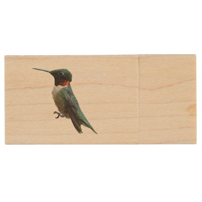 Ruby-Throated Hummingbird Bird Photography Wood Flash Drive (Front)