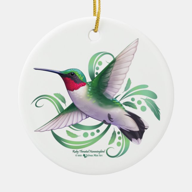Ruby Throated Hummingbird Ceramic Ornament (Front)