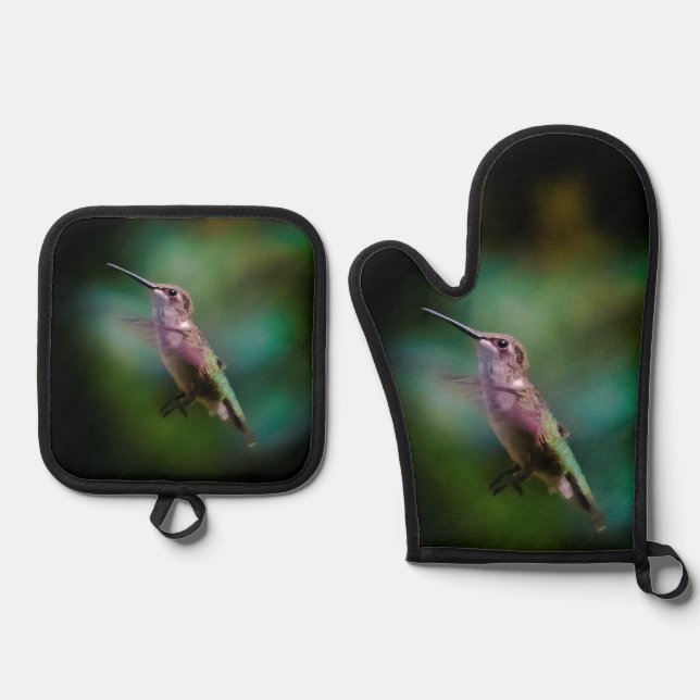 Ruby-throated Hummingbird Original Photograph Oven Mitt & Pot Holder Set (Front)