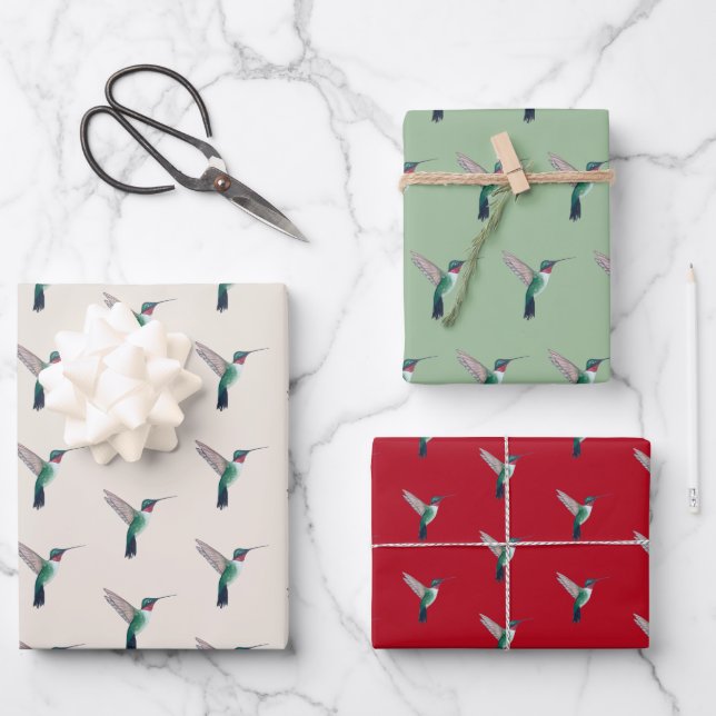 Ruby-throated Hummingbird Pattern Wrapping Paper Sheets (Front)