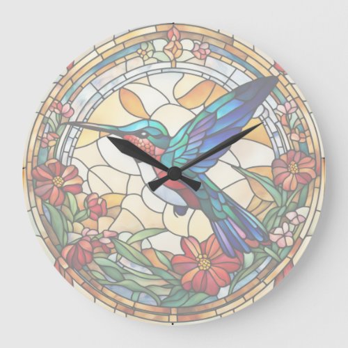 Ruby Throated Hummingbird Stained Glass Bird Clock