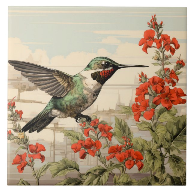 Ruby-Throated Hummingbird, White and Green Body Ceramic Tile (Front)