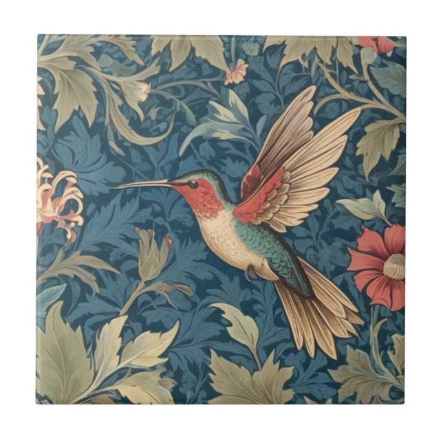Ruby-throated hummingbird William Morris style Ceramic Tile (Front)