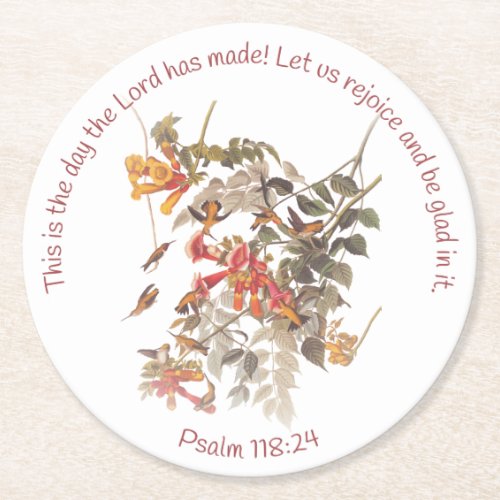 Ruby Throated Hummingbird with Psalm 11824 Round Paper Coaster