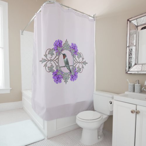 Ruby Throated Hummingbird with Purple Flowers Shower Curtain