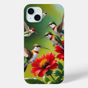 Ruby-Throated Hummingbirds and Scarlet Blooms iPhone 15 Plus Case