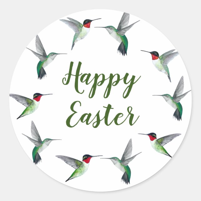 Ruby-throated Hummingbirds Happy Easter Classic Round Sticker (Front)