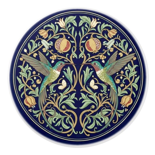 Ruby Throated Hummingbirds William Morris Style Ceramic Knob (Front)