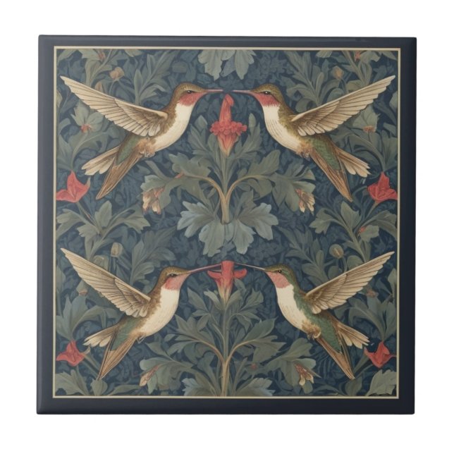 Ruby-throated hummingbirds William Morris style Ceramic Tile (Front)