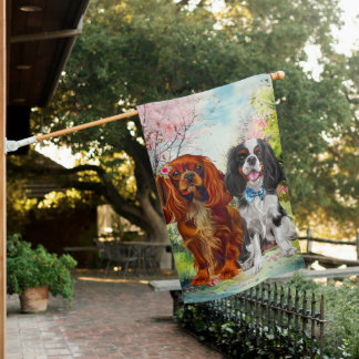 Ruby & Tri Cavalier King Charles Spaniels Garden House Flag