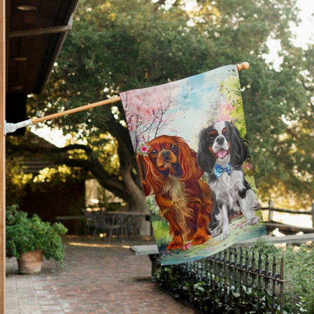 Ruby & Tri Cavalier King Charles Spaniels Garden House Flag (In SItu)