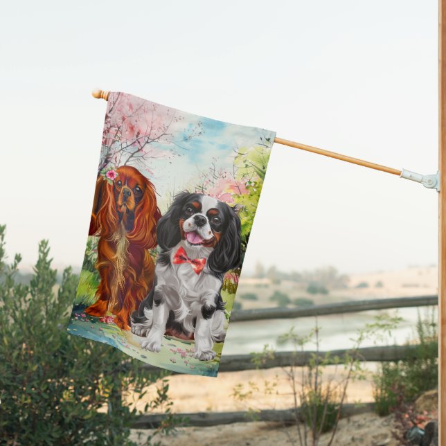 Ruby & Tri Cavalier King Charles Spaniels Garden  House Flag (Insitu (Back))